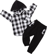 Toddler Baby Boy Clothes Flannel Hooded Plaid Shirt and Long Pants Fall Winter Toddler Sweatsuit (Black and White Plaid, 18-24 Months)
